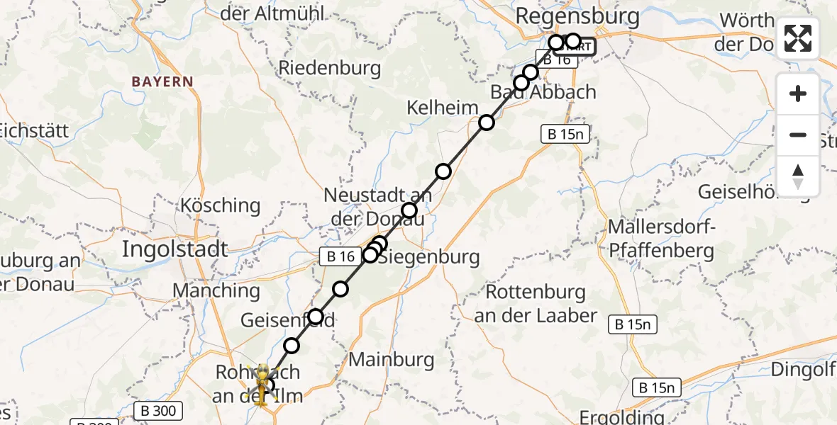 Flugroute Rettungshubschrauber DRF Air Rescue Station Regensburg / Regensburg University Hospital - Rohrbach, 02 Oktober 2026, 18:03