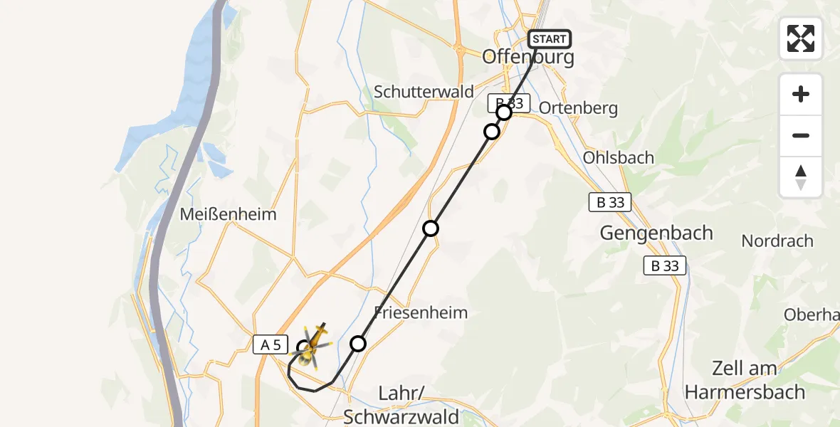 Flugroute Rettungshubschrauber Offenburg - Lahr Flughafen, 02 Oktober 2026, 18:09