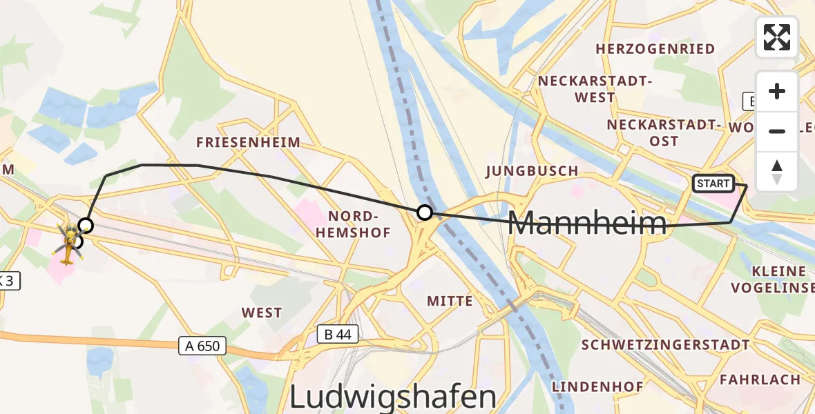 Flugroute Ambulanzhubschrauber Mannheim - Ludwigshafen Accident Hospital, 02 Oktober 2026, 18:21