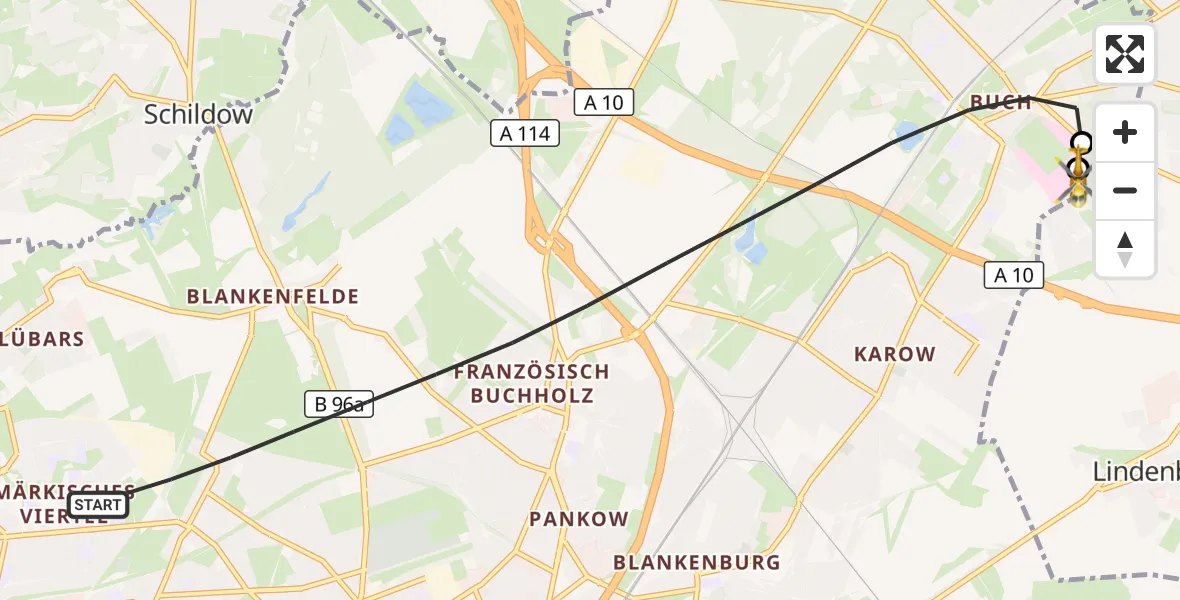 Flugroute Rettungshubschrauber Berlin - Helios Clinic Berlin-Buch, 02 Oktober 2026, 18:53