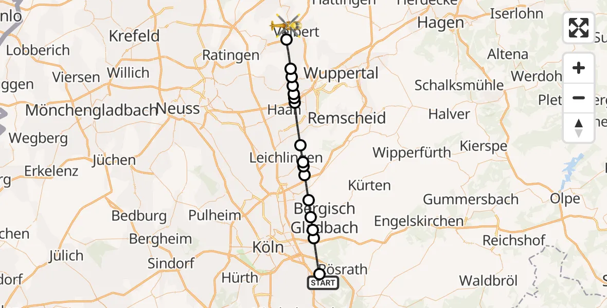 Flugroute Ambulanzhubschrauber Köln Bonn Flughafen - Velbert, 02 Oktober 2026, 19:04