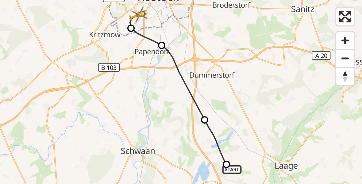 Flugroute Rettungshubschrauber Flughafen Rostock-Laage - Rostock, 02 Oktober 2026, 19:17