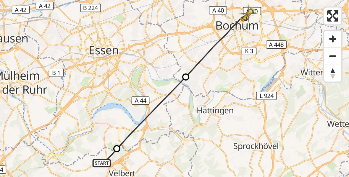 Flugroute Ambulanzhubschrauber Velbert - Bochum, 02 Oktober 2026, 19:40