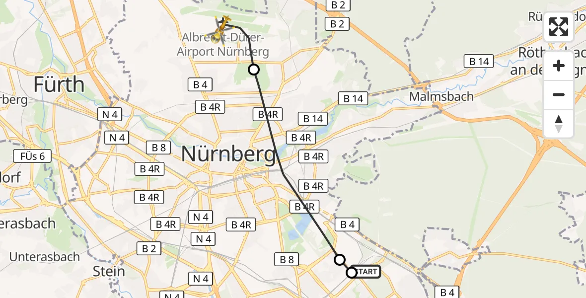 Flugroute Rettungshubschrauber Nürnberg South Hospital - Flughafen Nuremberg, 02 Oktober 2026, 20:33