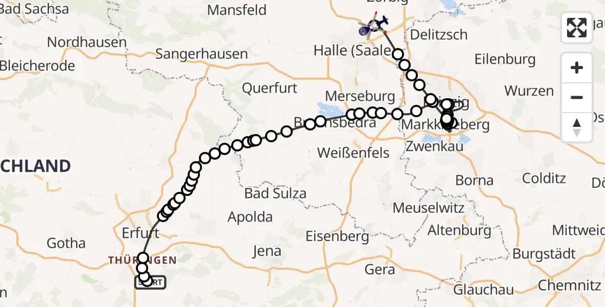 Flugroute Polizeihubschrauber Arnstadt-Alkersleben Flugplatz - Halle-Oppin Flugplatz, 02 Oktober 2026, 21:39