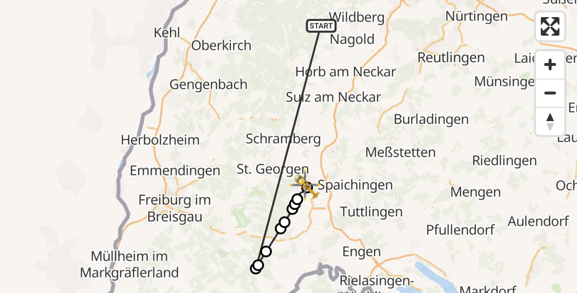 Flugroute Ambulanzhubschrauber Altensteig - DRF Air Rescue Station Villingen-Schwenningen Hubschrauberlandeplatz (Christoph 11), 02 Oktober 2026, 21:58