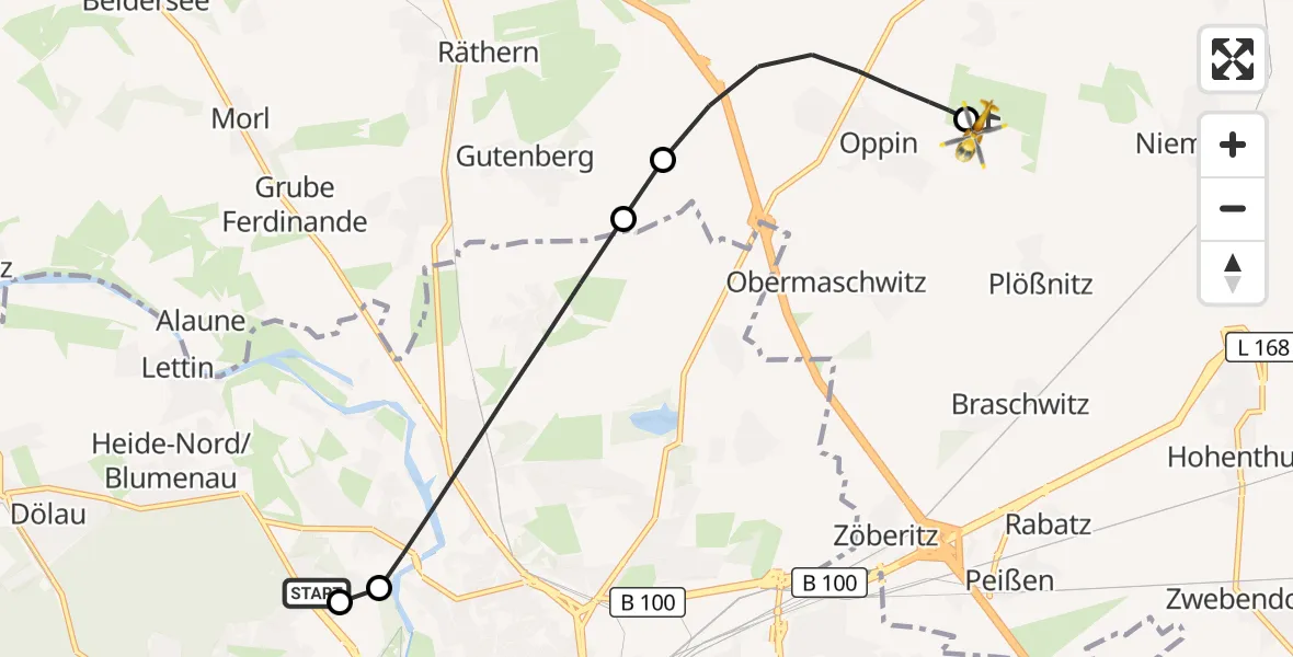 Flugroute Rettungshubschrauber Halle (Saale) University Hospital - Halle-Oppin Flugplatz, 02 Oktober 2026, 23:26