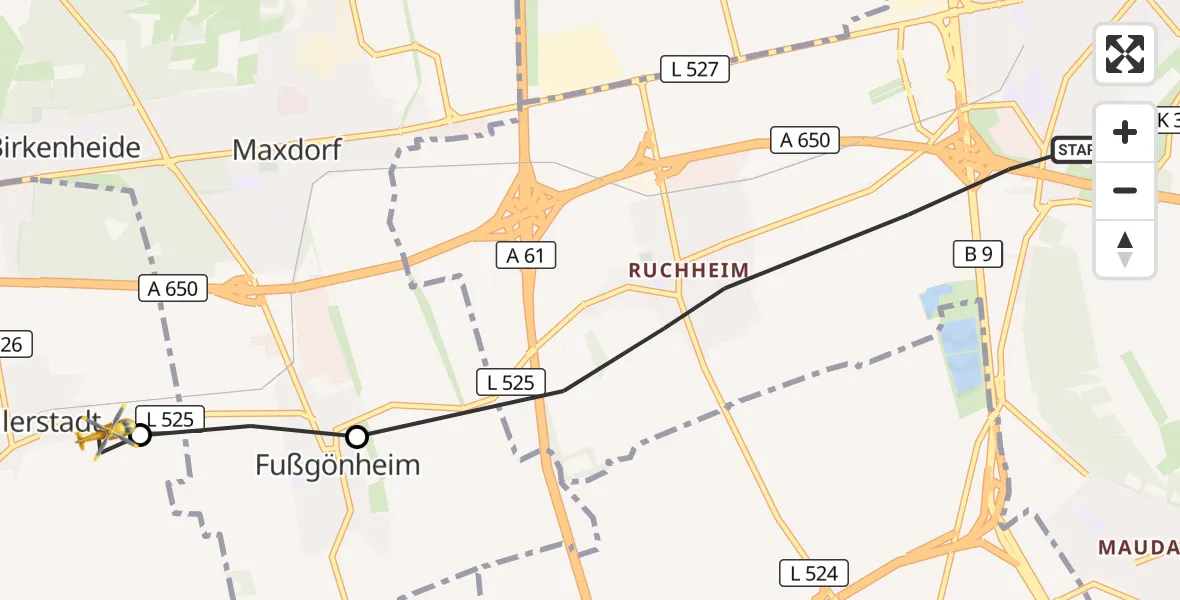 Flugroute Rettungshubschrauber Ludwigshafen am Rhein - Ellerstadt, 03 Oktober 2026, 06:44