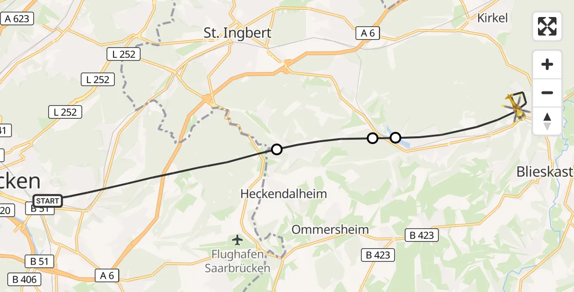 Flugroute Rettungshubschrauber Saarbrücken - Blieskastel, 03 Oktober 2026, 07:12