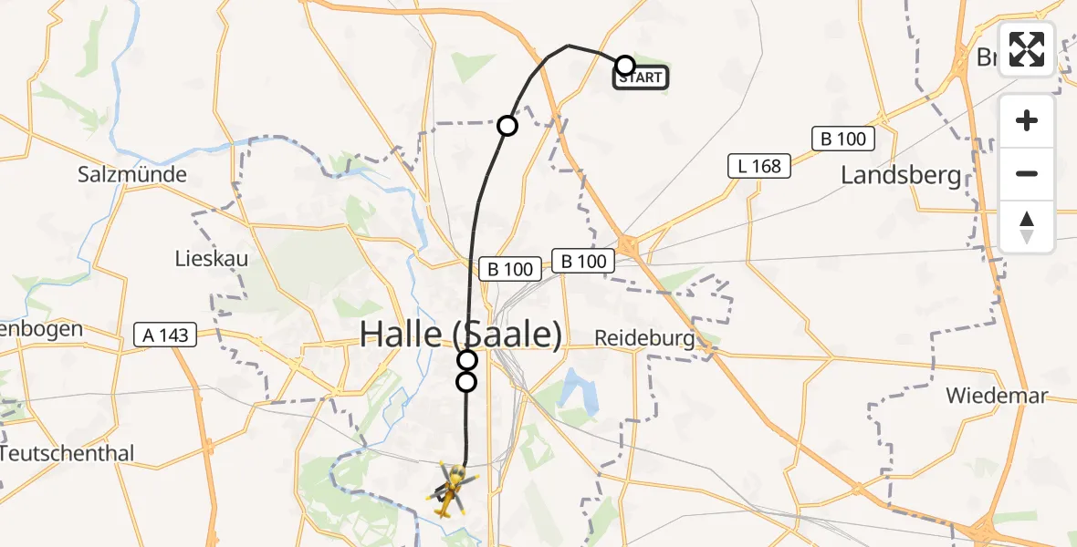 Flugroute Rettungshubschrauber Halle-Oppin Flugplatz - Halle (Saale), 03 Oktober 2026, 07:13