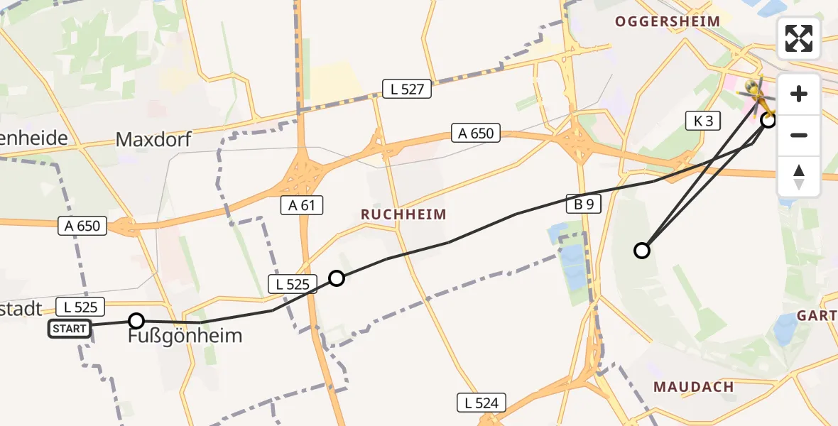 Flugroute Rettungshubschrauber Ellerstadt - Ludwigshafen Accident Hospital, 03 Oktober 2026, 07:16