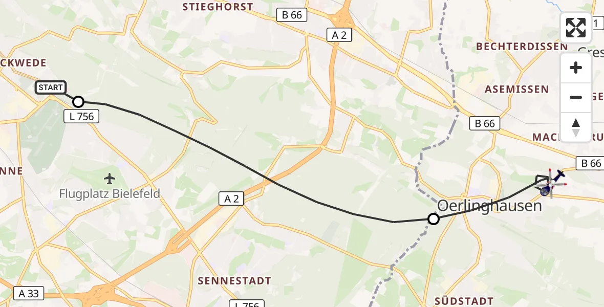 Flugroute Polizeihubschrauber Luftrettungszentrum Bielefeld - Oerlinghausen, 03 Oktober 2026, 07:50