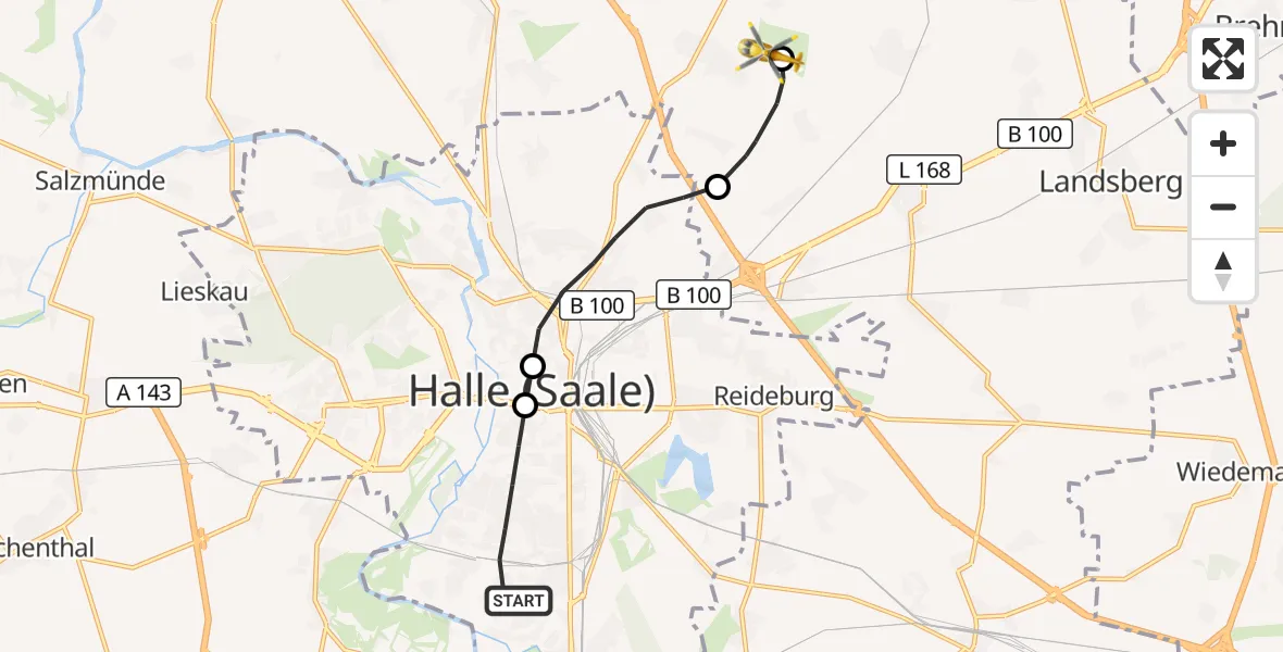 Flugroute Rettungshubschrauber Halle (Saale) - Halle-Oppin Flugplatz, 03 Oktober 2026, 07:51