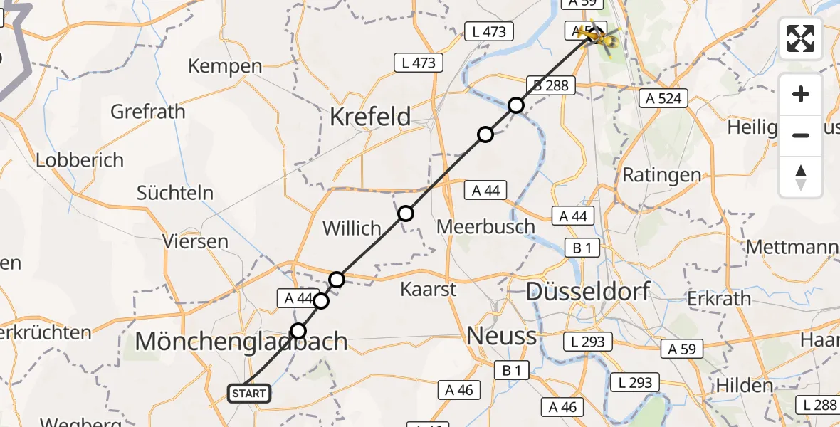 Flugroute Rettungshubschrauber Mönchengladbach - Duisburg Air Rescue Hubschrauberlandeplatz (Christoph 9), 03 Oktober 2026, 07:59