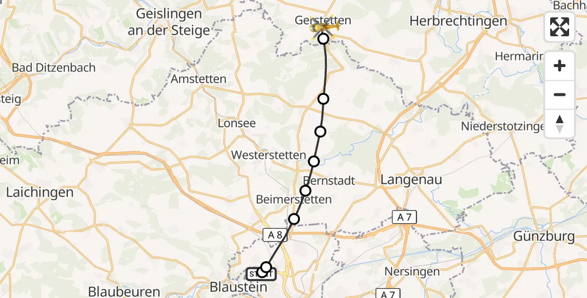 Flugroute Rettungshubschrauber Ulm Military Hospital Emergency - Gerstetten, 03 Oktober 2026, 08:15