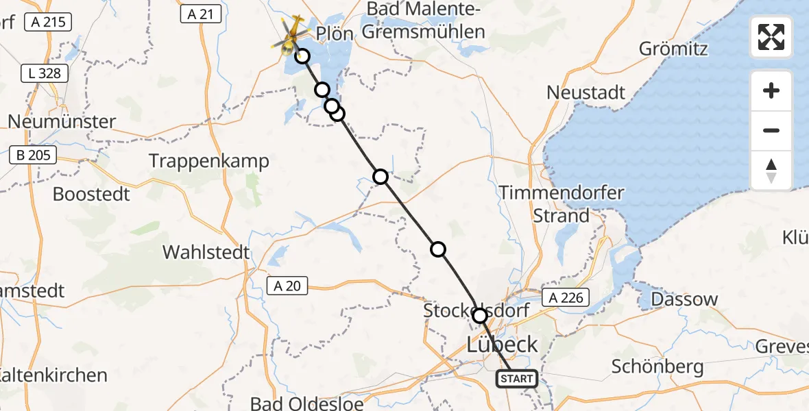 Flugroute Rettungshubschrauber Lübeck - Ascheberg (Holstein), 03 Oktober 2026, 08:18