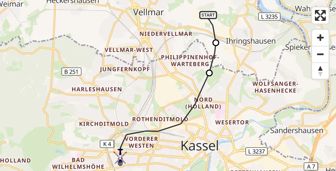 Flugroute Polizeihubschrauber Fuldatal Bundespolizei Hubschrauberlandeplatz - Kassel, 03 Oktober 2026, 08:29