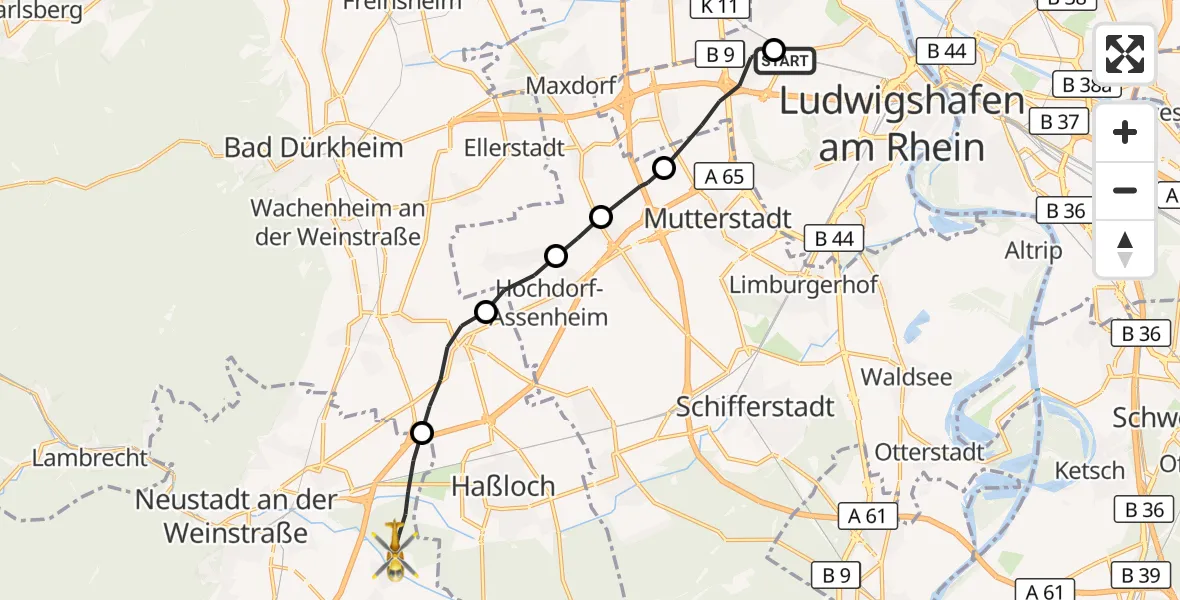 Flugroute Rettungshubschrauber Ludwigshafen Accident Hospital - Neustadt an der Weinstraße, 03 Oktober 2026, 08:29