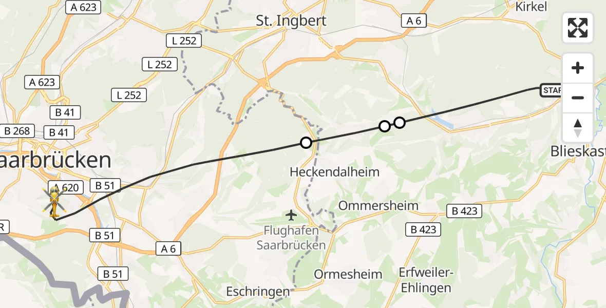 Flugroute Rettungshubschrauber Blieskastel - Saarbrücken, 03 Oktober 2026, 08:29
