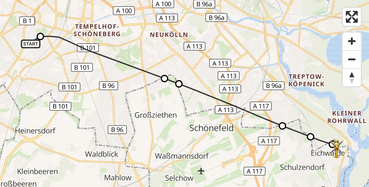 Flugroute Rettungshubschrauber Charité Clinic Benjamin Franklin Campus - Eichwalde, 03 Oktober 2026, 08:46