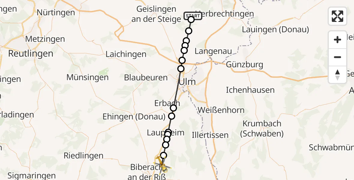 Flugroute Rettungshubschrauber Gerstetten - Maselheim, 03 Oktober 2026, 08:59