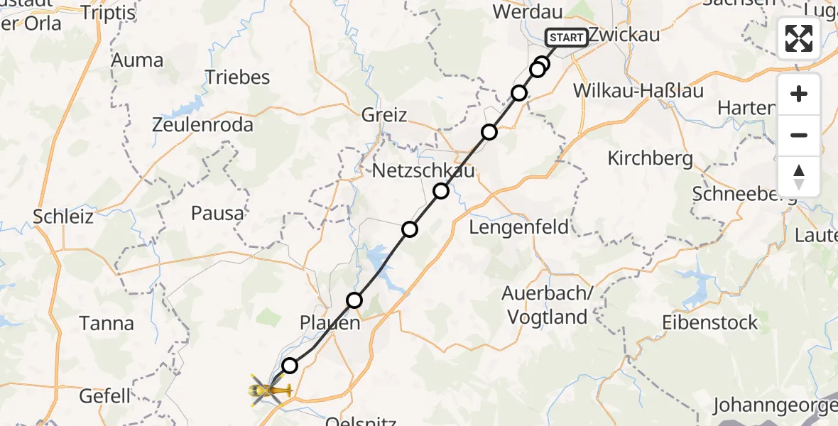 Flugroute Rettungshubschrauber Werdau - Weischlitz, 03 Oktober 2026, 09:07