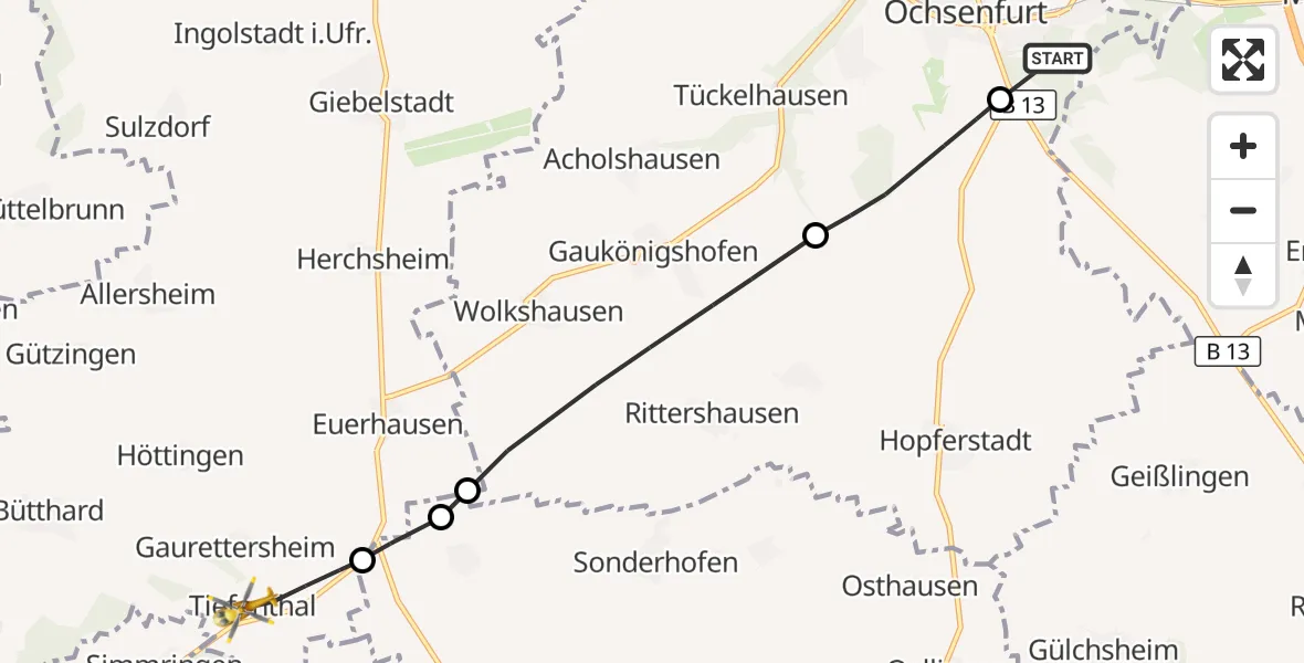 Flugroute Rettungshubschrauber Ochsenfurt Hospital - Bütthard, 03 Oktober 2026, 09:08