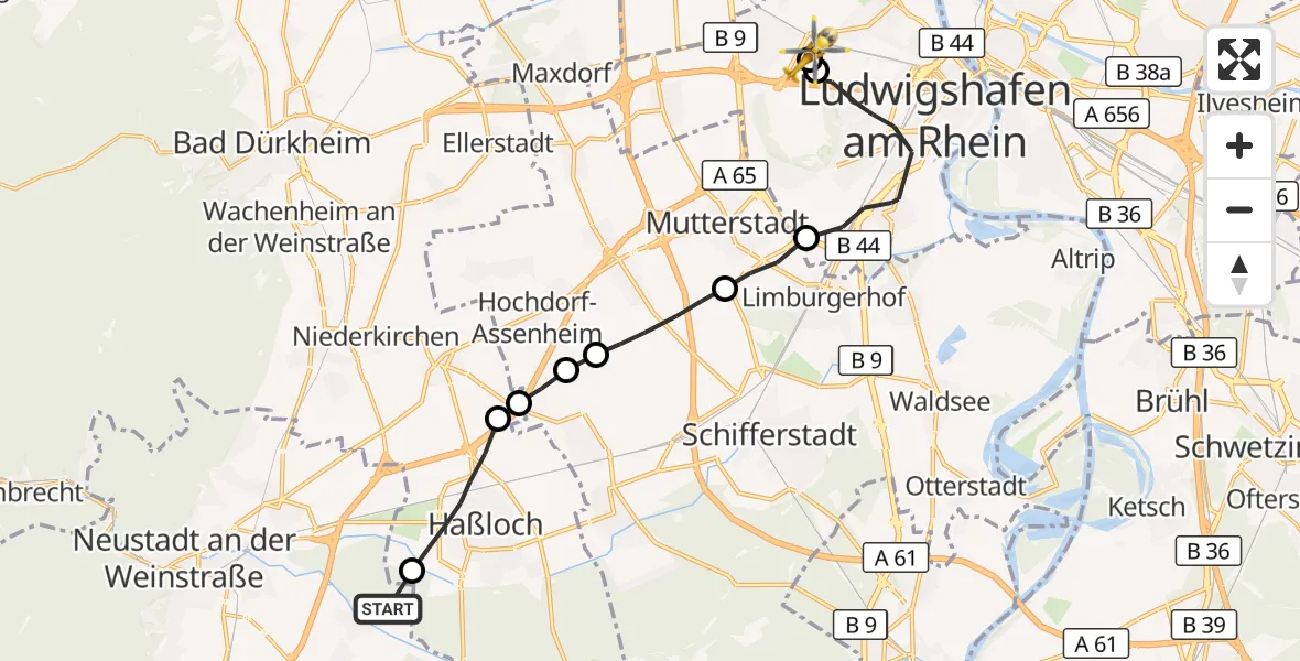 Flugroute Rettungshubschrauber Neustadt an der Weinstraße - Ludwigshafen Accident Hospital, 03 Oktober 2026, 09:15