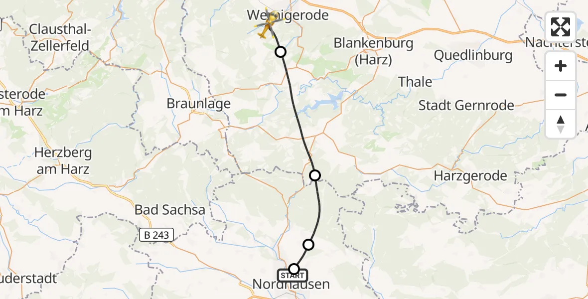 Flugroute Rettungshubschrauber Südharz Hospital Nordhausen - Wernigerode, 03 Oktober 2026, 09:25