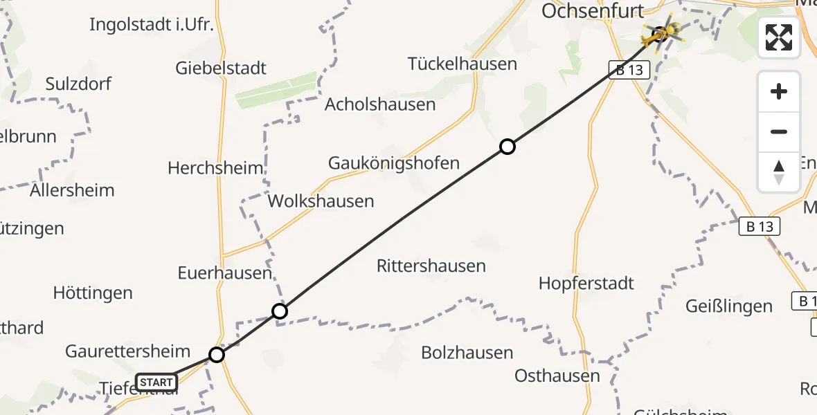 Flugroute Rettungshubschrauber Bütthard - Ochsenfurt Hospital, 03 Oktober 2026, 09:28