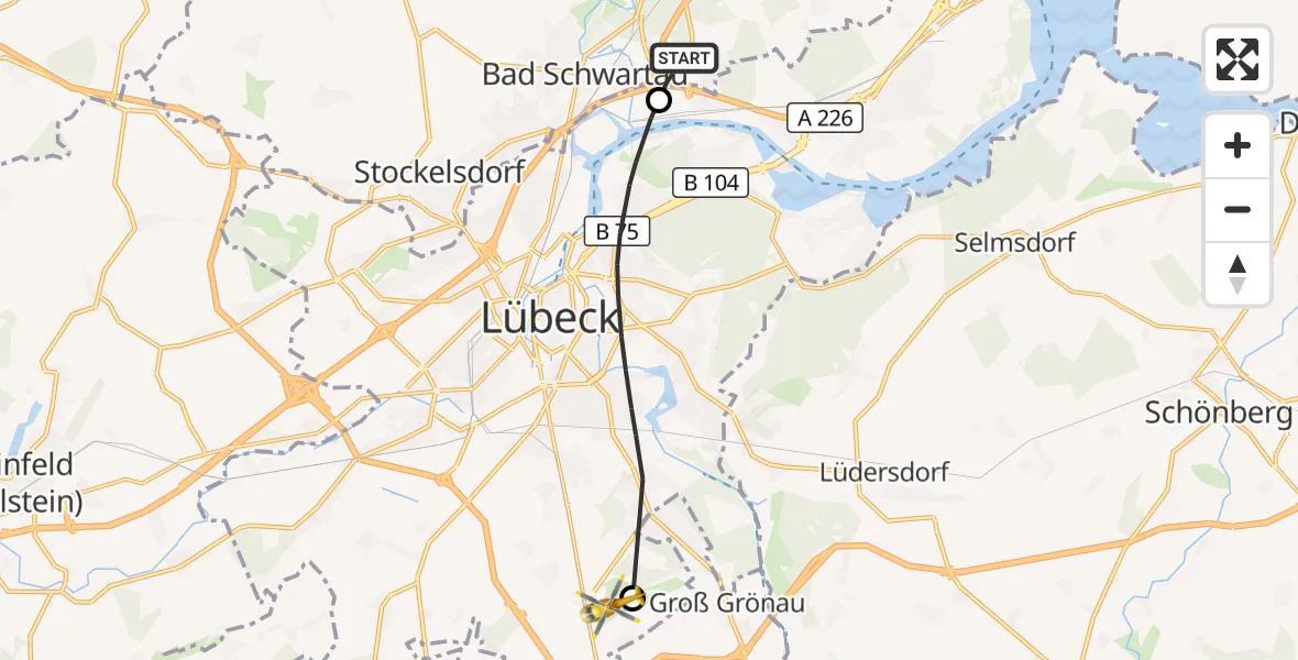 Flugroute Rettungshubschrauber Ratekau - Lübeck Blankensee Flughafen, 03 Oktober 2026, 09:41
