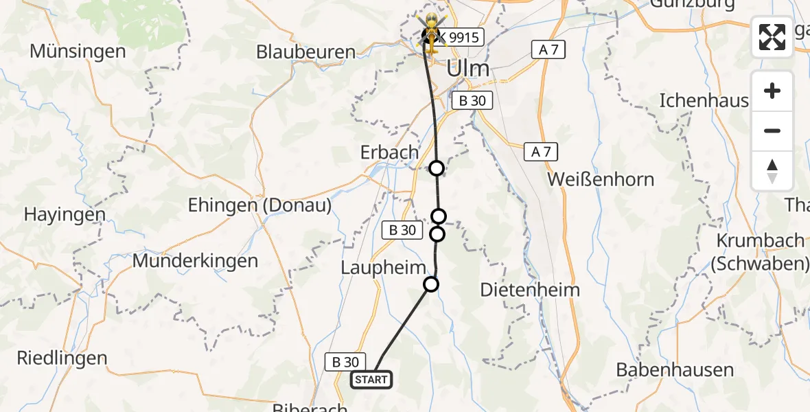 Flugroute Rettungshubschrauber Maselheim - ADAC Air Rescue Station Ulm (Christoph 22), 03 Oktober 2026, 09:49