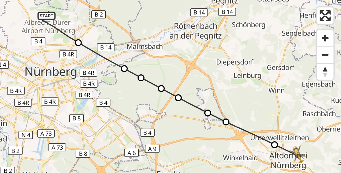 Flugroute Ambulanzhubschrauber Flughafen Nuremberg - Altdorf b.Nürnberg, 03 Oktober 2026, 09:56