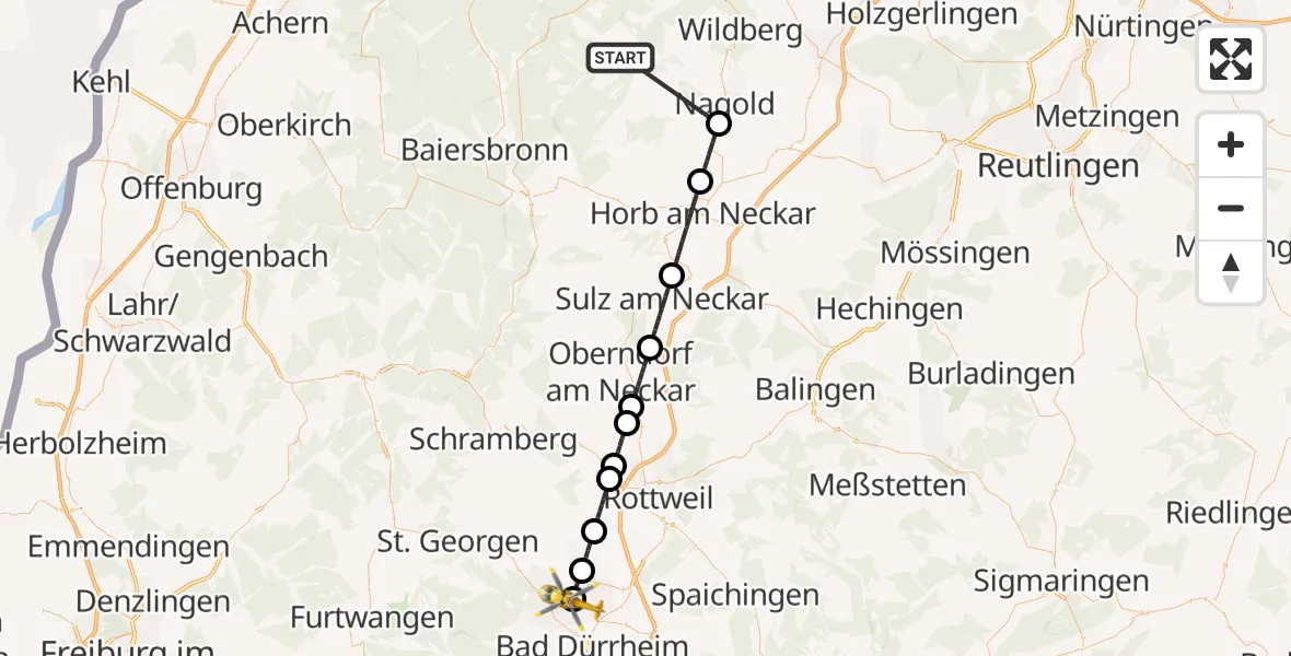 Flugroute Ambulanzhubschrauber Altensteig - DRF Air Rescue Station Villingen-Schwenningen Hubschrauberlandeplatz (Christoph 11), 03 Oktober 2026, 10:03