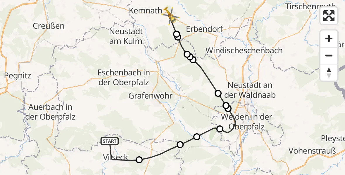Flugroute Ambulanzhubschrauber Vilseck - Kemnath, 03 Oktober 2026, 10:05