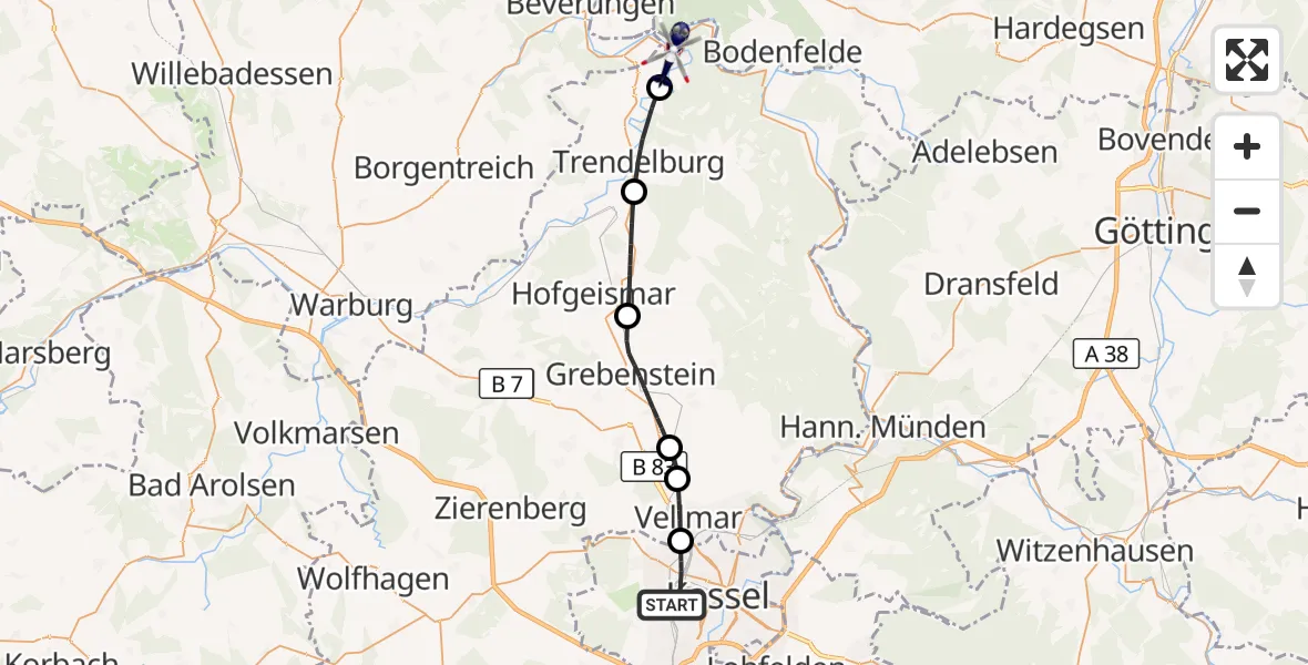 Flugroute Polizeihubschrauber Kassel - Bad Karlshafen, 03 Oktober 2026, 10:07