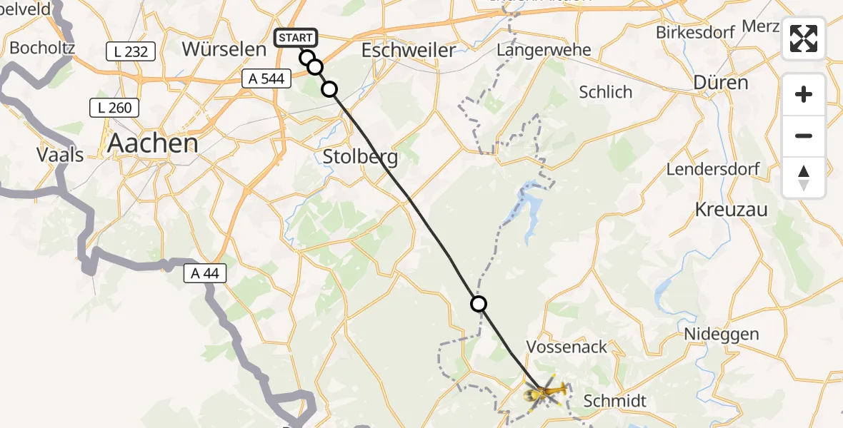 Flugroute Rettungshubschrauber Aachen-Merzbrück Flughafen - Hürtgenwald, 03 Oktober 2026, 10:19