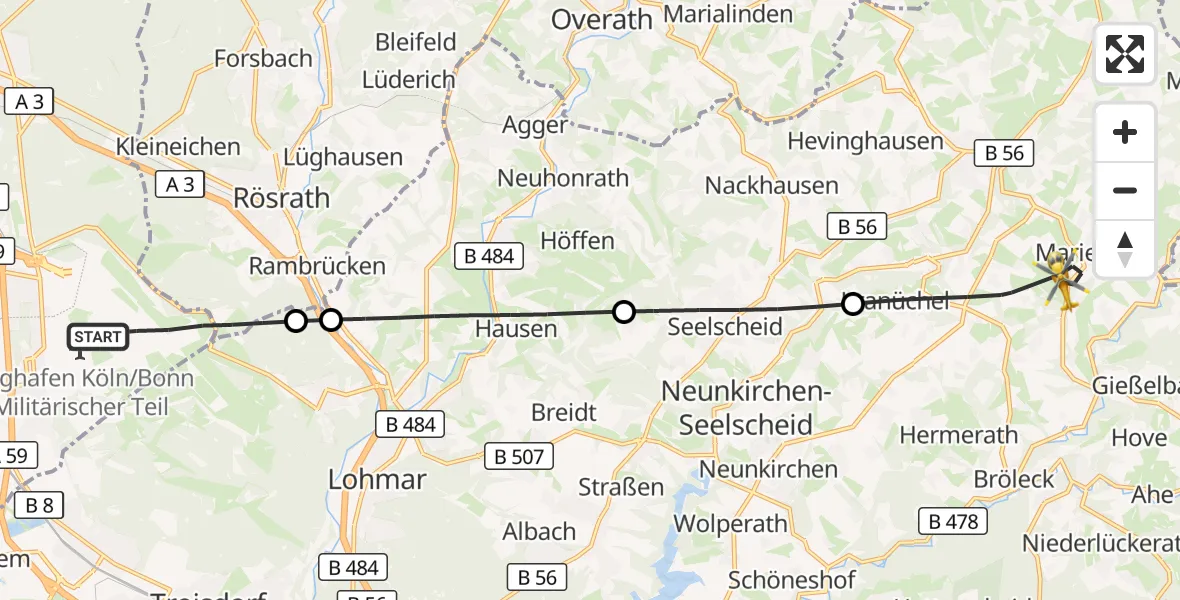 Flugroute Rettungshubschrauber Köln Bonn Flughafen - Much, 03 Oktober 2026, 10:31
