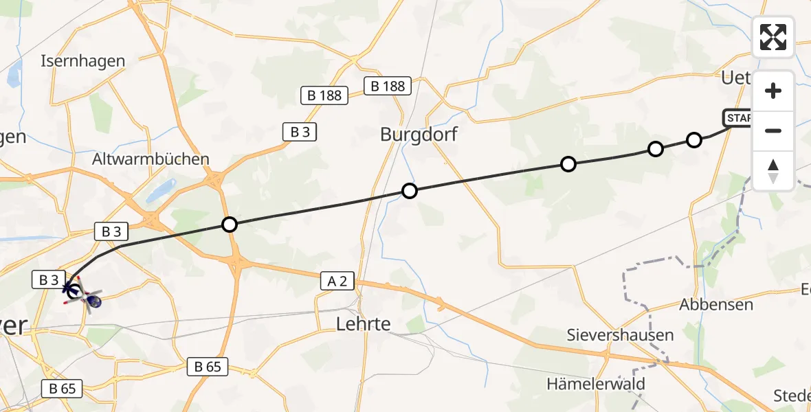 Flugroute Polizeihubschrauber Uetze - Hannover Luftrettung Hubschrauberlandeplatz (Christoph 4), 03 Oktober 2026, 10:34