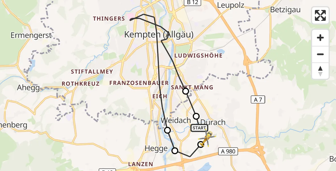 Flugroute Rettungshubschrauber Kempten-Durach Flugplatz - Kempten-Durach Flugplatz, 03 Oktober 2026, 10:35