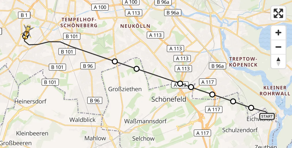 Flugroute Rettungshubschrauber Eichwalde - Charité Clinic Benjamin Franklin Campus, 03 Oktober 2026, 10:40