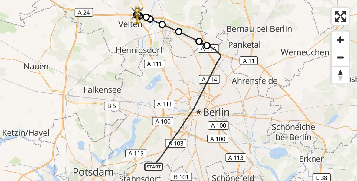 Flugroute Rettungshubschrauber Berlin - Velten, 03 Oktober 2026, 10:41