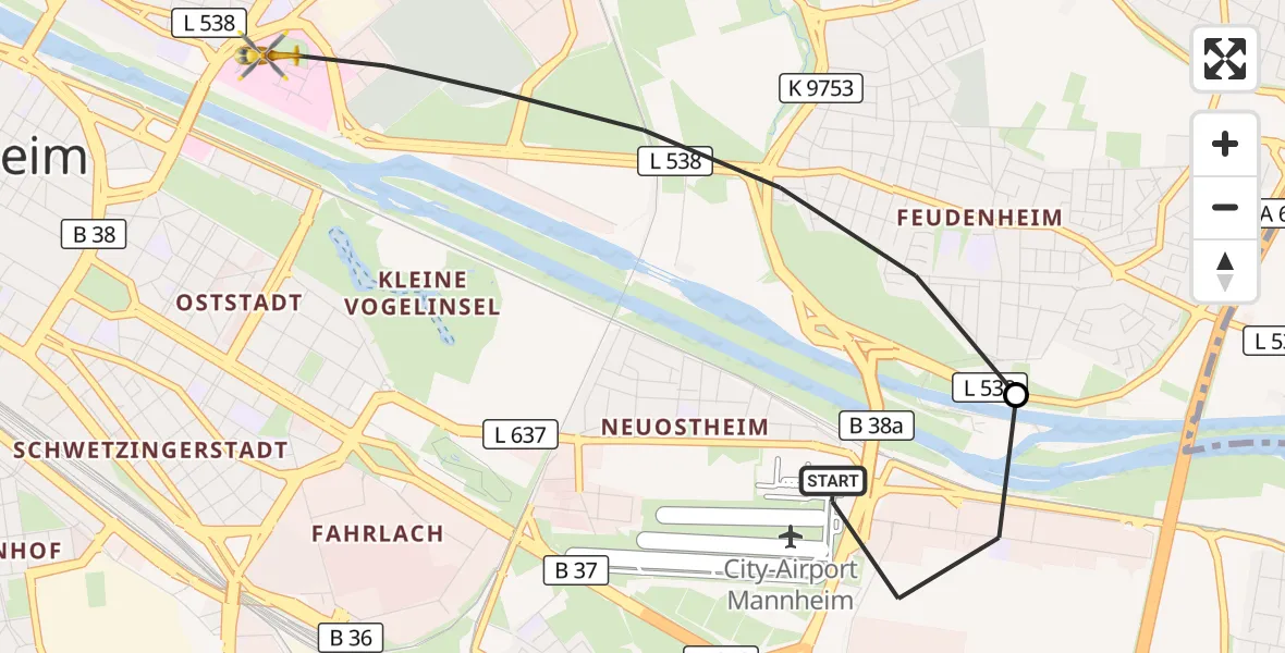 Flugroute Rettungshubschrauber Mannheim-City Flughafen - Mannheim, 03 Oktober 2026, 10:42