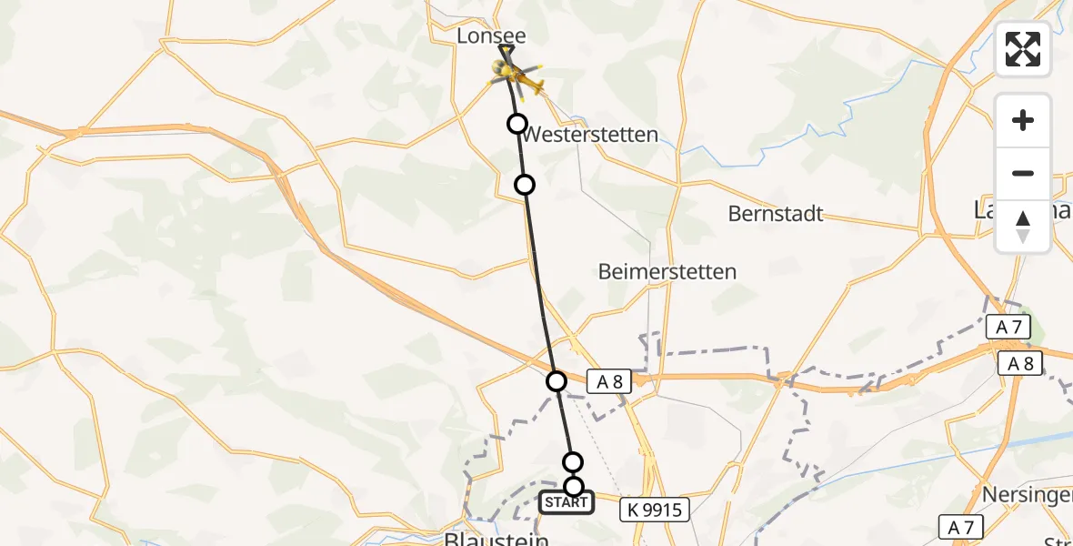Flugroute Rettungshubschrauber Ulm Military Hospital Emergency - Lonsee, 03 Oktober 2026, 10:48