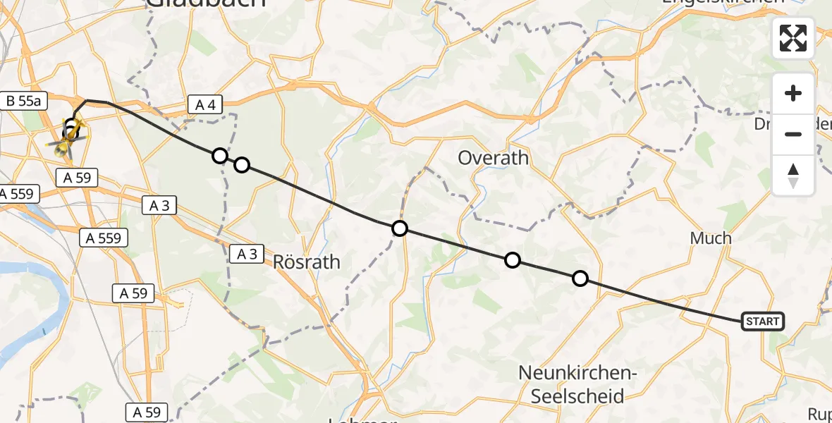 Flugroute Rettungshubschrauber Much - Merheim Hospital, 03 Oktober 2026, 10:57