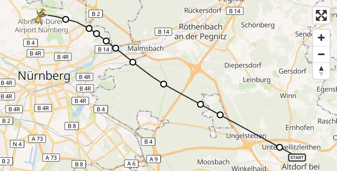 Flugroute Ambulanzhubschrauber Altdorf b.Nürnberg - Flughafen Nuremberg, 03 Oktober 2026, 11:04