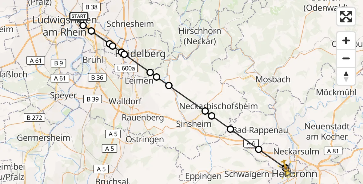 Flugroute Rettungshubschrauber Mannheim - Heilbronn Hospital, 03 Oktober 2026, 11:07