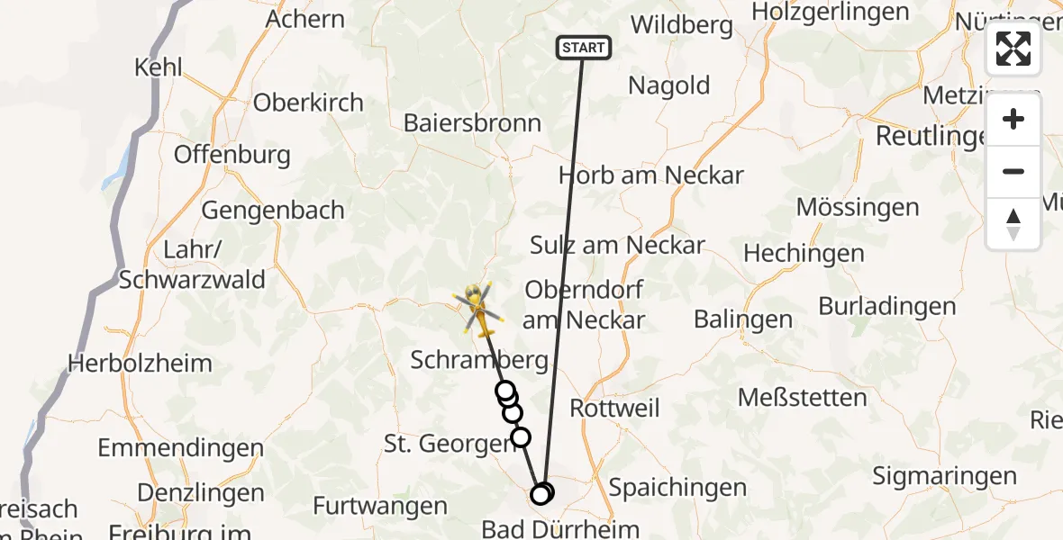 Flugroute Ambulanzhubschrauber Altensteig - Schiltach, 03 Oktober 2026, 11:13