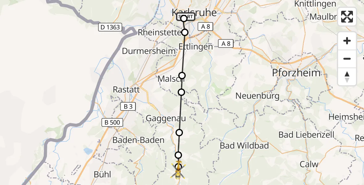 Flugroute Ambulanzhubschrauber Sankt Vincentius Hospital - Forbach, 03 Oktober 2026, 11:15