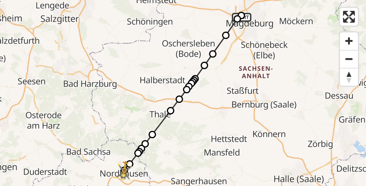 Flugroute Rettungshubschrauber Magdeburg Hospital - Südharz Hospital Nordhausen, 03 Oktober 2026, 11:16